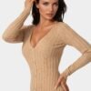 bebe2110_camel_4_15045153-5ea1-453a-81ad-74377436d459 V-Neck Cardigan Midi Dress